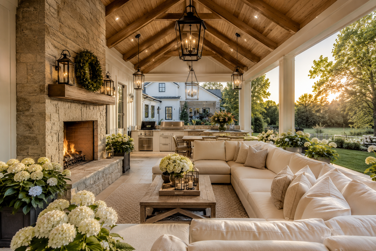 Luxury covered patio ideas with a white modern farmhouse, cedar ceiling, outdoor kitchen, limestone fireplace, and cream sectional.