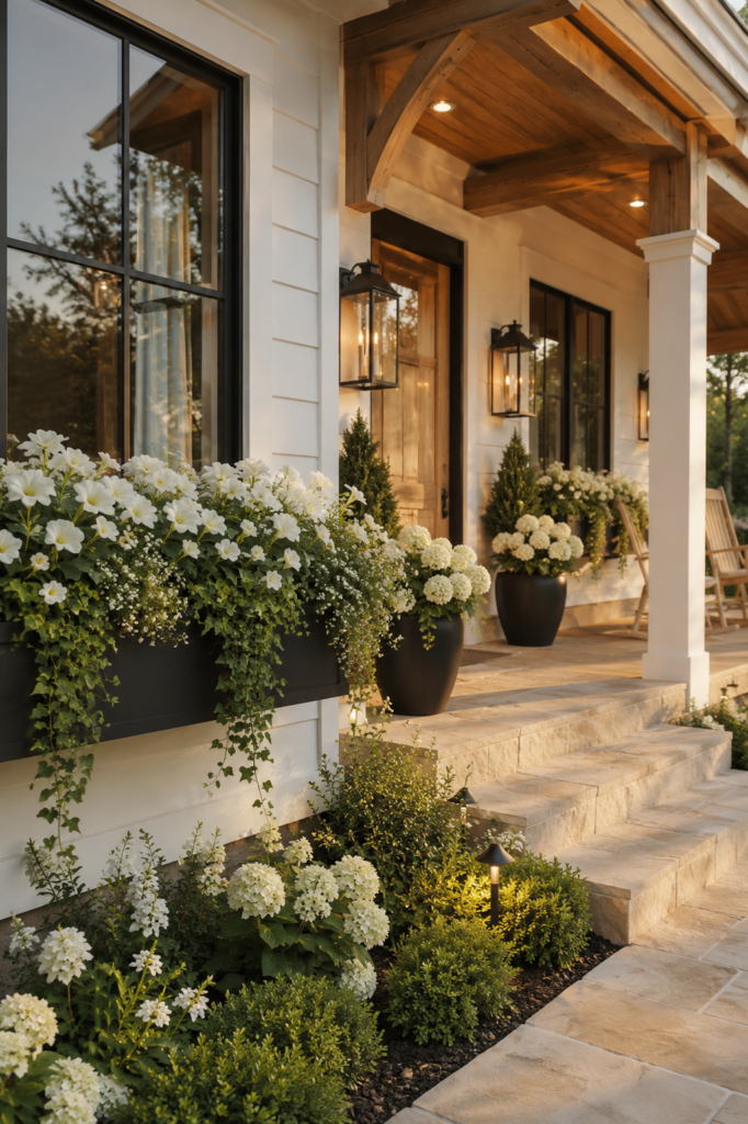 Luxury white farmhouse with black window boxes overflowing with white flowers, cedar ceiling, limestone porch, and warm evening light.