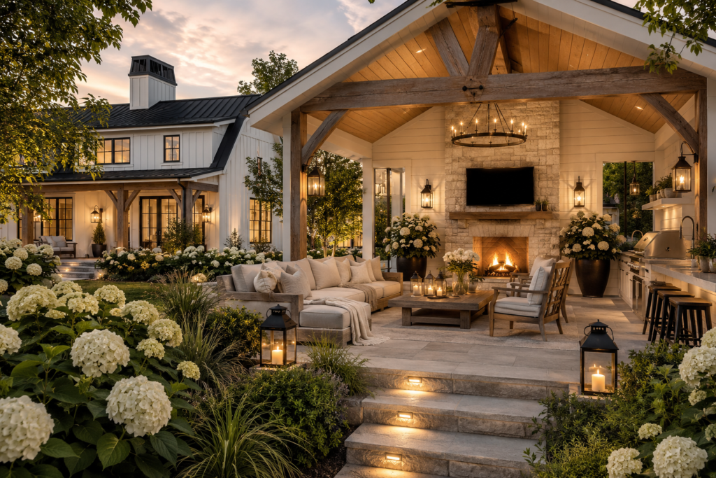 Luxury white farmhouse with a wide natural limestone garden path lined with white hydrangeas leading to a welcoming front porch.