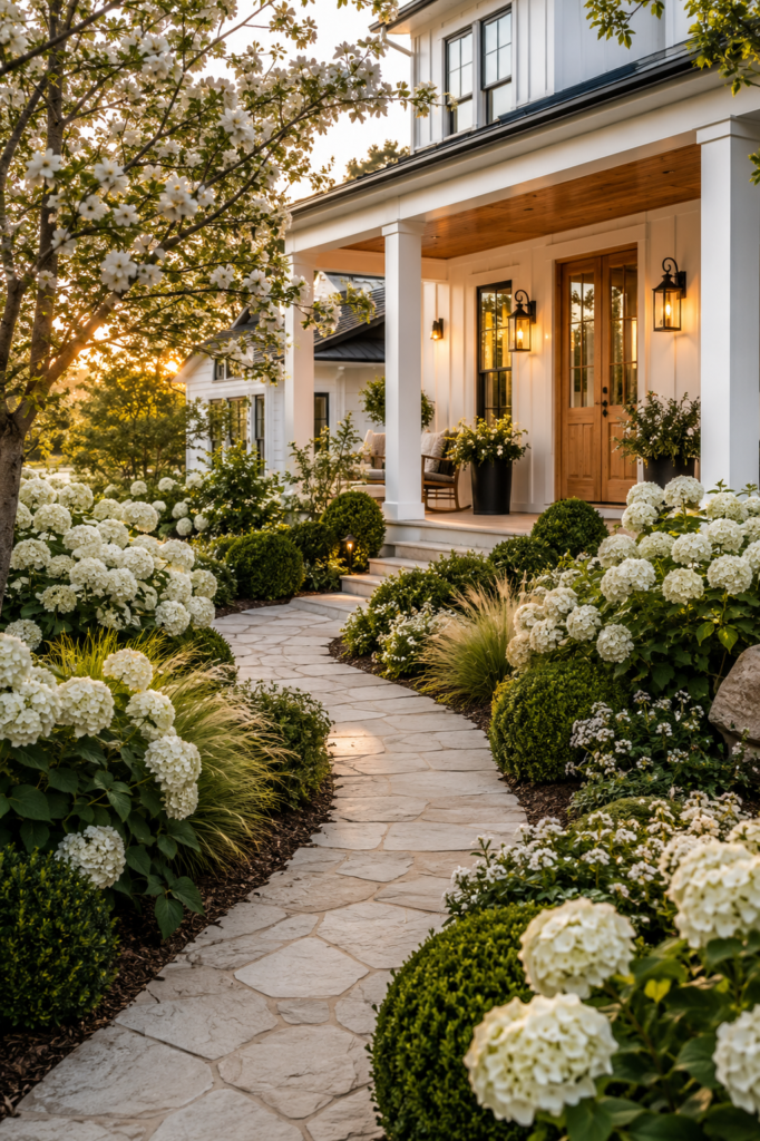 Curved natural limestone garden path winding through white hydrangeas toward a luxury white farmhouse.