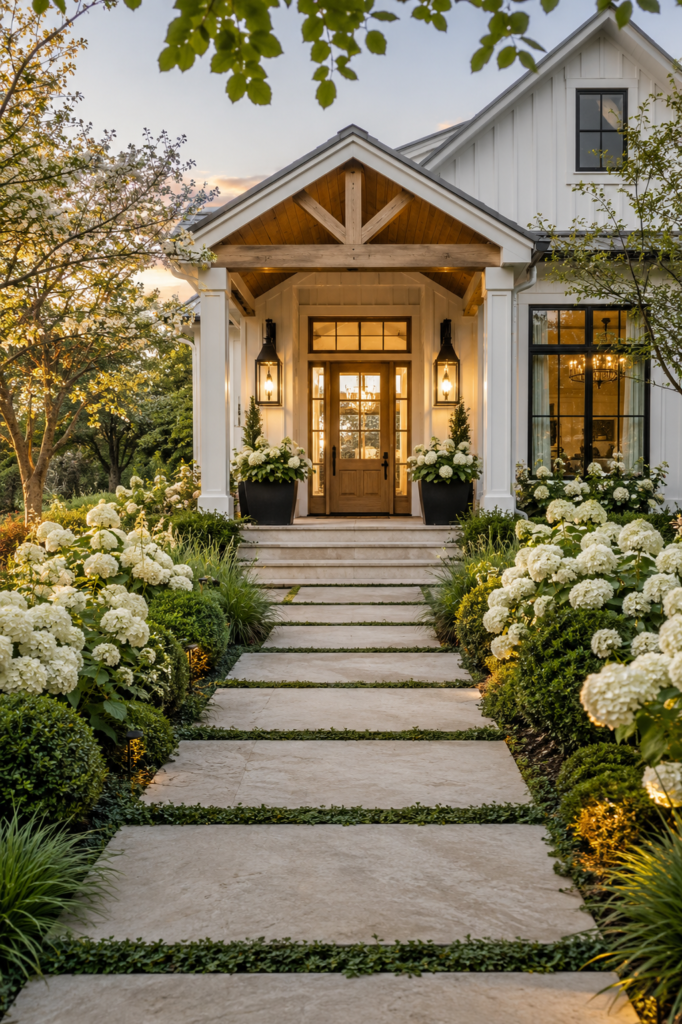 Oversized natural limestone pavers leading through lush landscaping to a luxury white modern farmhouse.