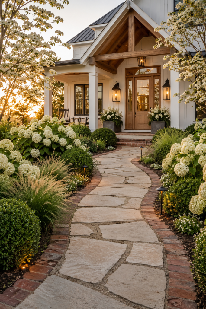Luxury farmhouse garden path featuring natural limestone pavers with reclaimed brick edging leading to a beautiful white farmhouse.