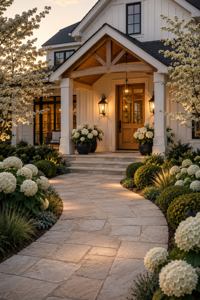 Luxury farmhouse featuring a natural limestone garden path that widens near a welcoming front porch with white hydrangeas and warm cedar accents.