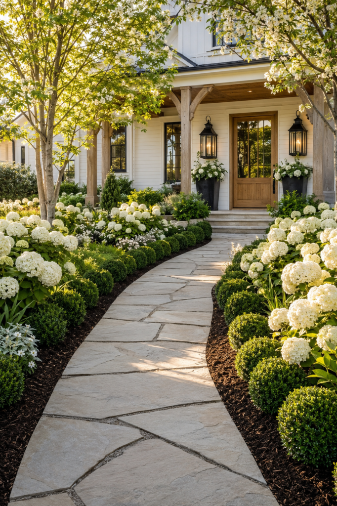 Luxury farmhouse garden path with neatly maintained limestone walkway, fresh mulch, clipped boxwoods, and blooming white hydrangeas.