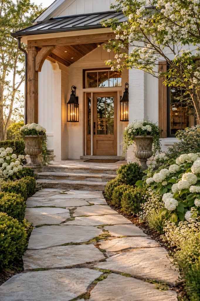 Luxury white farmhouse front entrance featuring timeless natural limestone, cedar, white oak, hydrangeas, and classic landscape materials.