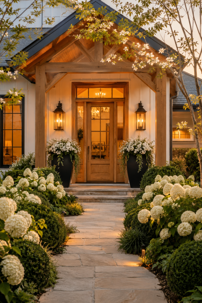 Farmhouse garden path ideas featuring a luxury white farmhouse with natural limestone walkway, white hydrangeas, warm landscape lighting, and a welcoming front entrance.