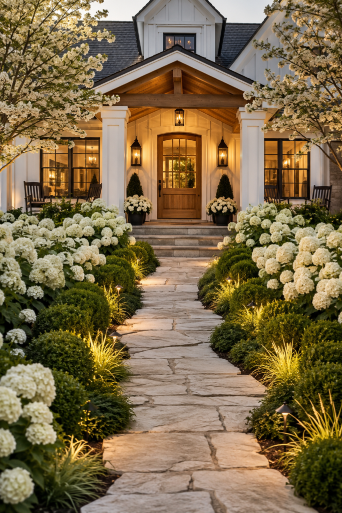 Luxury farmhouse garden path lined with mature white hydrangeas leading to an elegant front porch.