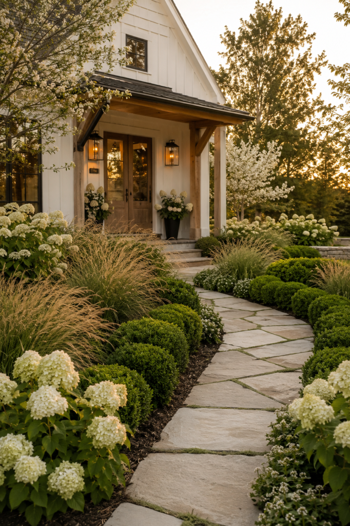 Luxury farmhouse garden path featuring clipped boxwoods, ornamental grasses, and white hydrangeas surrounding a natural limestone walkway.