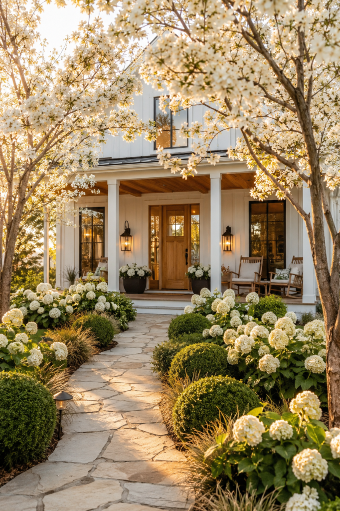 Luxury white farmhouse with flowering dogwood trees framing a natural limestone garden path leading to an elegant front porch.