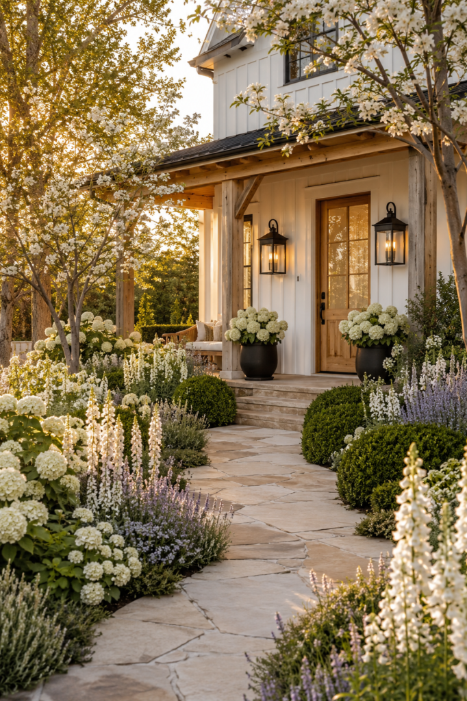 Luxury farmhouse garden path bordered by layered cottage-style planting beds with white hydrangeas, perennial flowers, and ornamental grasses.