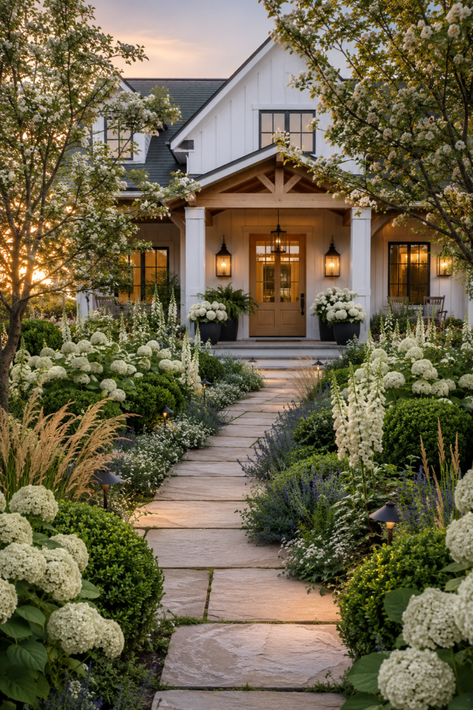 Luxury farmhouse garden path bordered by deep layered landscape beds with mature hydrangeas, ornamental grasses, flowering trees, and cottage-style perennials.
