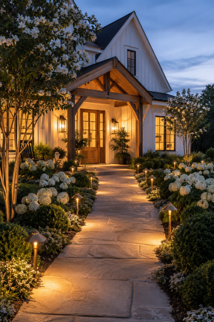 Luxury farmhouse garden path illuminated by warm landscape lighting at twilight with hydrangeas and a welcoming front porch.