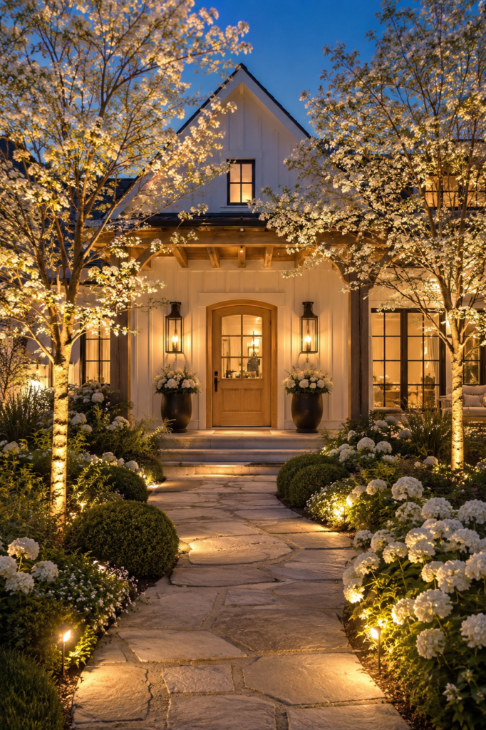 Luxury white farmhouse with flowering dogwood trees illuminated by warm landscape uplighting at twilight.