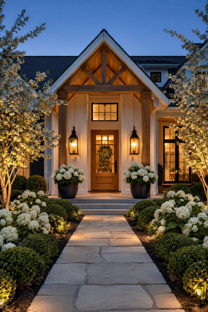 Luxury white farmhouse featuring oversized black lantern sconces glowing warmly beside a natural white oak front door at twilight.