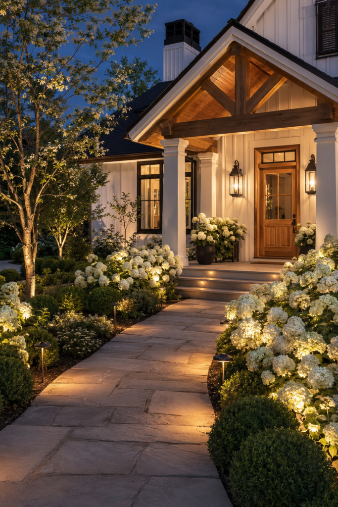 Luxury white farmhouse with white hydrangeas softly illuminated by warm landscape lighting at twilight.