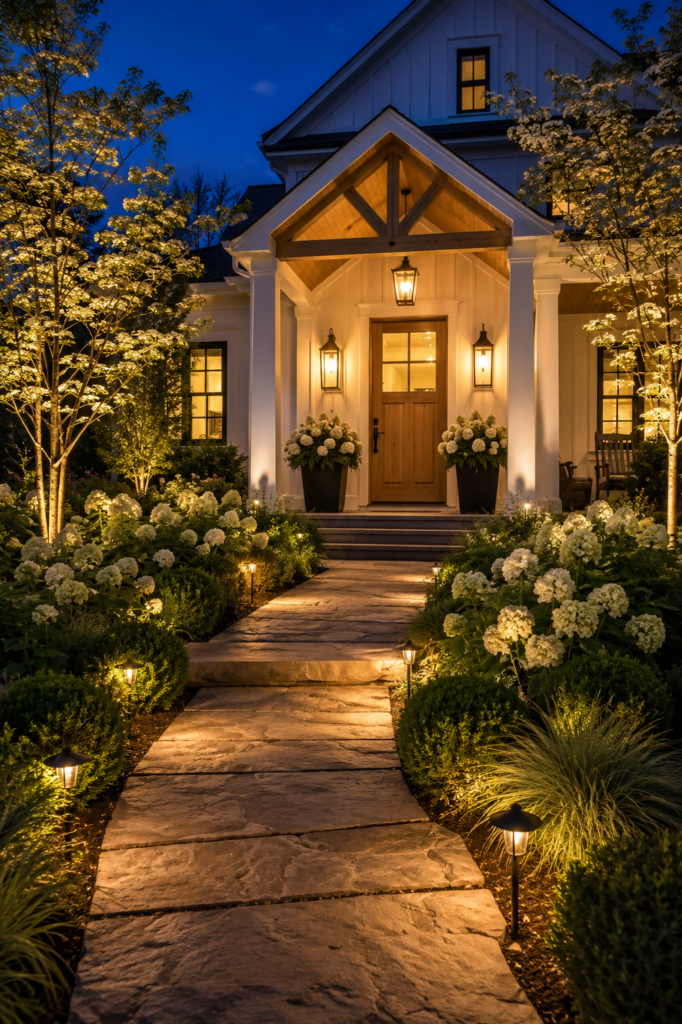 Luxury farmhouse front entrance featuring layered landscape lighting at twilight with illuminated hydrangeas, flowering trees, and a natural limestone walkway.