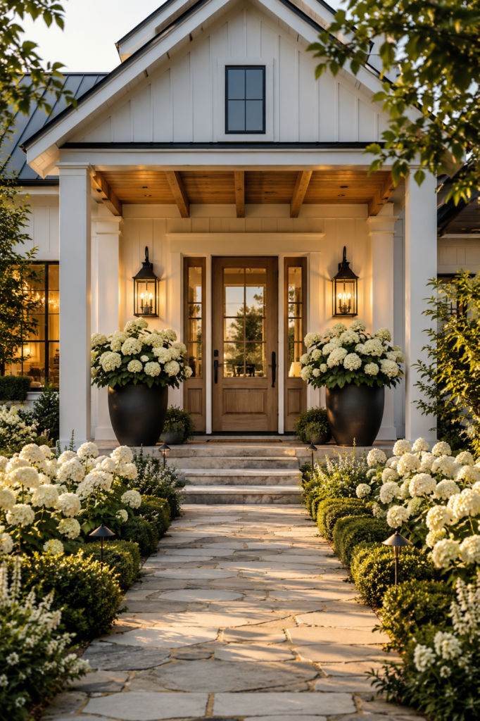 Luxury white farmhouse front porch featuring oversized black planters filled with white hydrangeas beside a natural white oak front door.