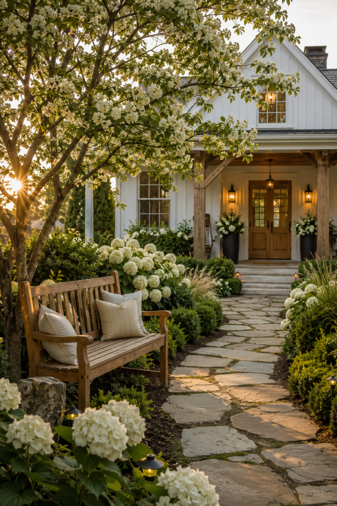 Luxury farmhouse garden featuring a teak bench beneath a flowering dogwood beside a natural limestone garden path.