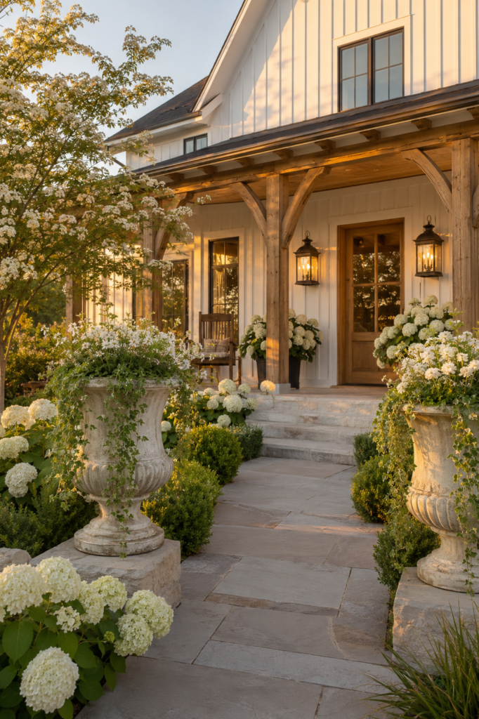 Luxury white farmhouse entrance featuring elegant cast stone garden urns beside a natural limestone garden path.