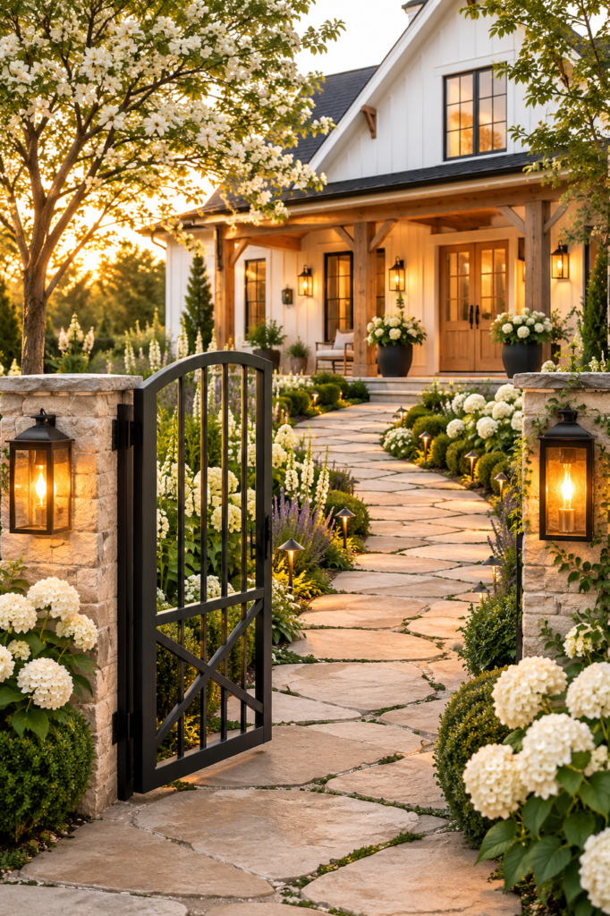 Luxury white farmhouse featuring an elegant black garden gate leading to a natural limestone garden path surrounded by white hydrangeas.