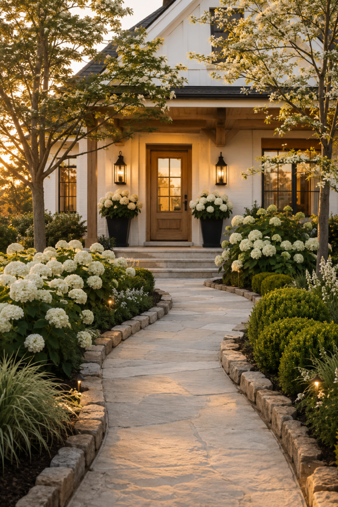 Luxury farmhouse garden path with elegant natural stone edging surrounded by layered landscaping and white hydrangeas.