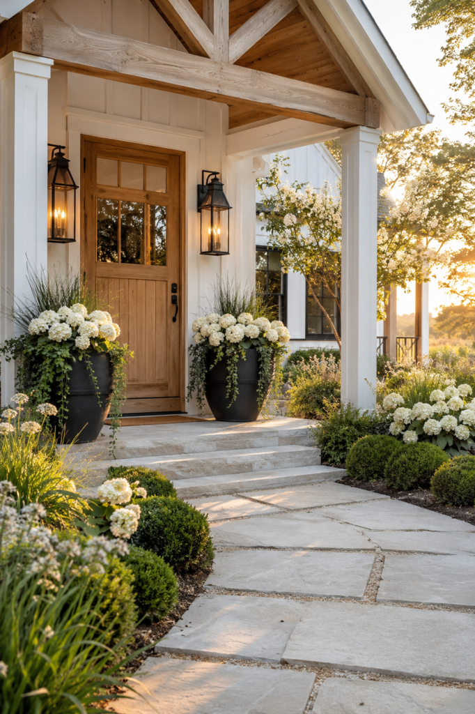 Luxury farmhouse front entrance with oversized black planters styled with seasonal white hydrangeas and greenery.