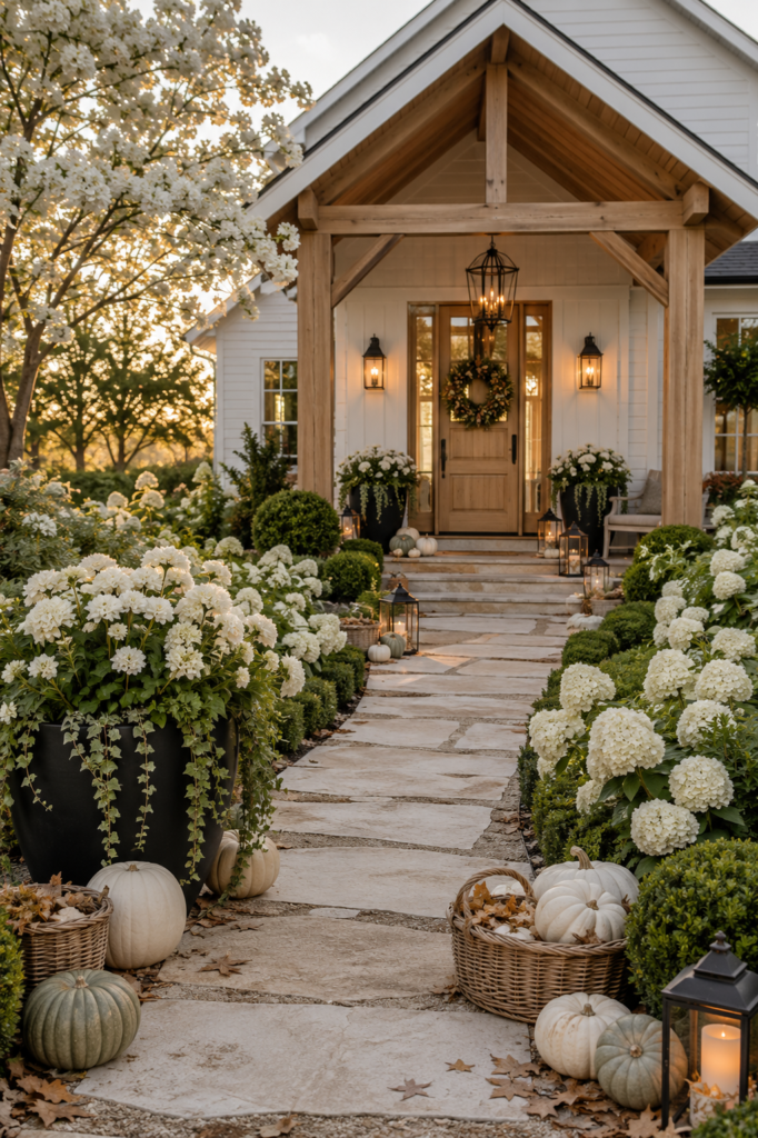 Luxury farmhouse entrance with elegant seasonal décor, oversized planters, and a natural limestone garden path.