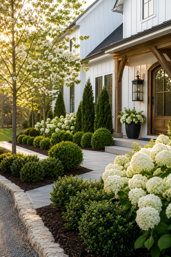 Luxury farmhouse landscaping with layered evergreen shrubs, white hydrangeas, and natural limestone edging.