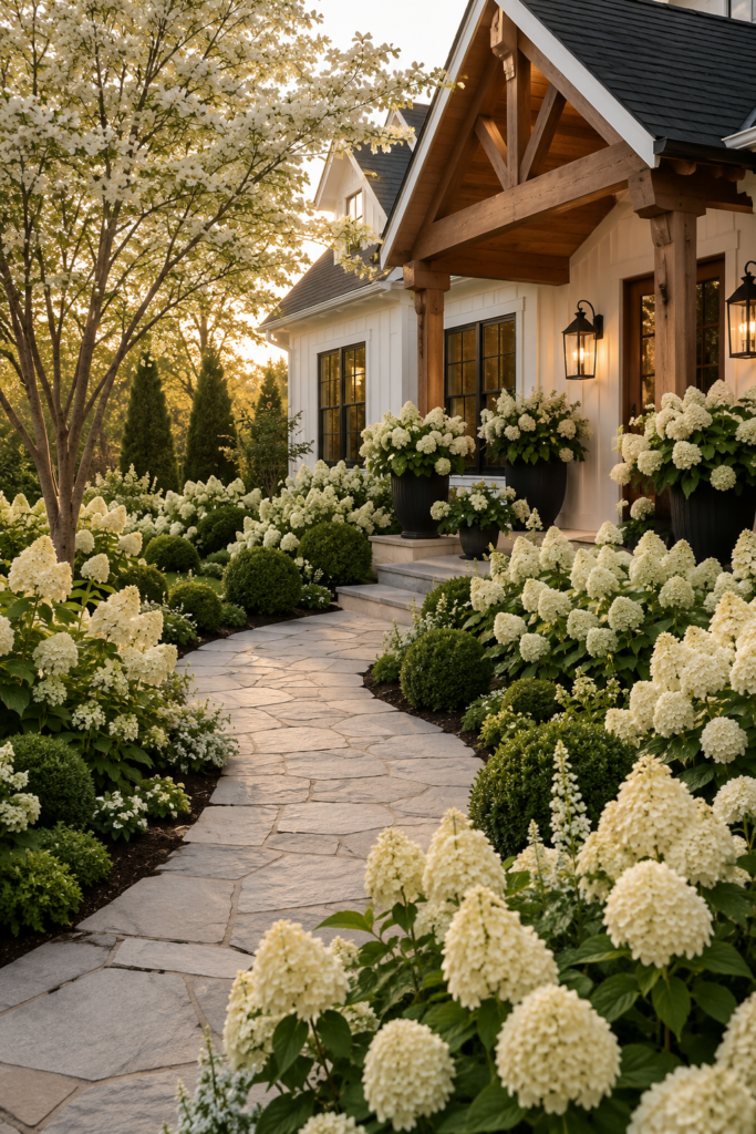 Luxury farmhouse landscaping featuring flowering dogwood trees framing a natural limestone garden path.