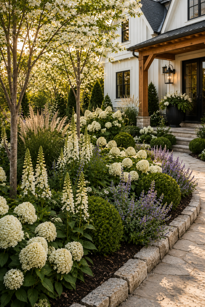 Luxury farmhouse landscaping with deep layered garden beds, white hydrangeas, ornamental grasses, and natural limestone edging.