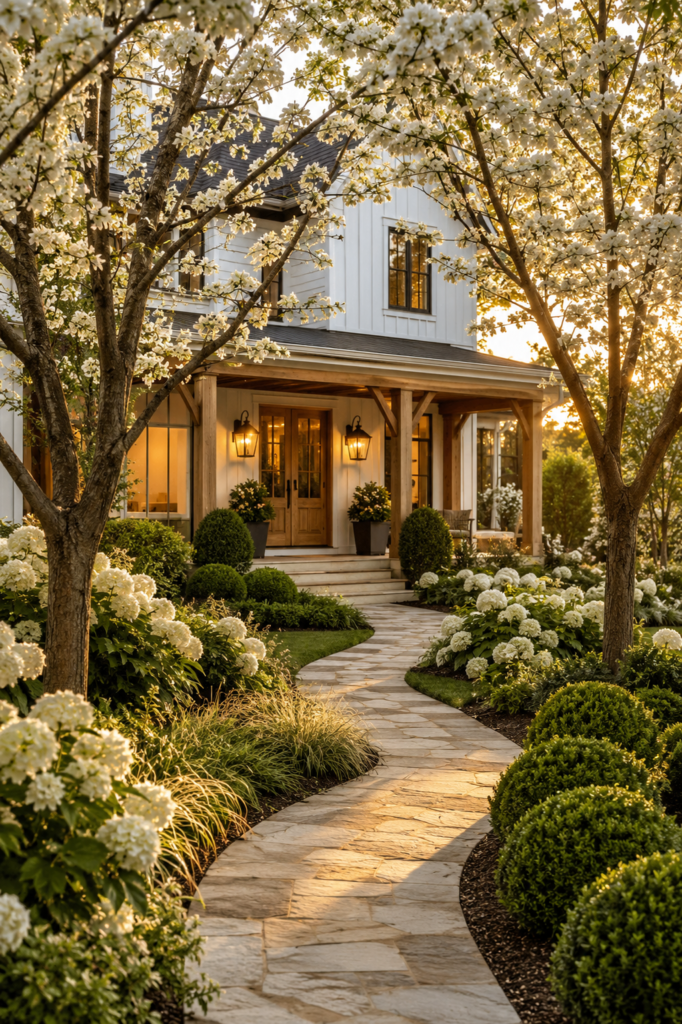 Luxury farmhouse landscaping featuring flowering dogwood trees framing a natural limestone garden path.