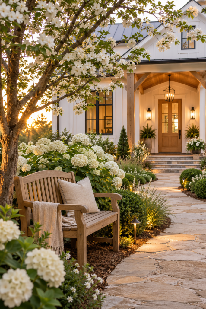 Luxury farmhouse landscape featuring a teak garden bench beneath a flowering dogwood tree beside a limestone garden path.