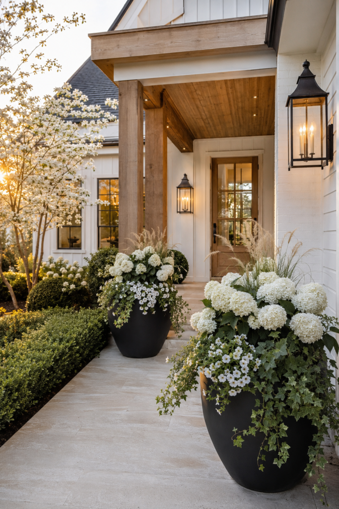 Luxury white farmhouse front entrance featuring oversized matte black planters filled with white hydrangeas and seasonal flowers beside a limestone walkway.