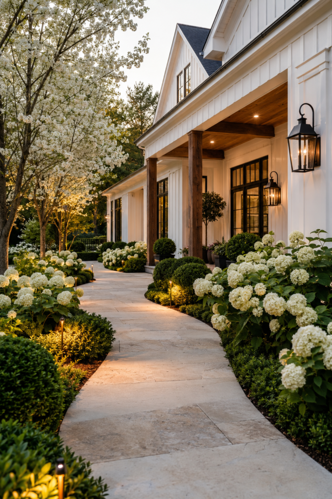 Luxury farmhouse limestone garden walkway surrounded by layered hydrangeas and elegant landscape lighting.