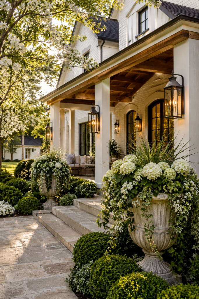 Luxury farmhouse landscaping featuring oversized cast stone garden urns filled with white hydrangeas beside a natural limestone walkway.