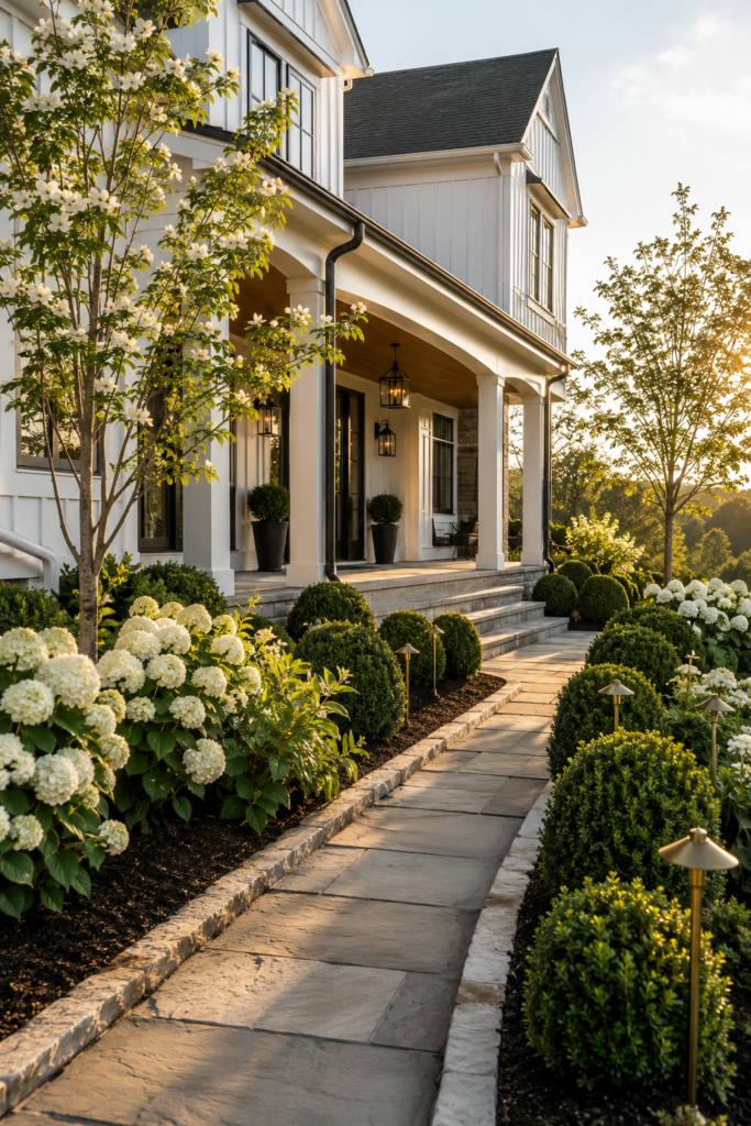 Luxury farmhouse landscape with neatly pruned hydrangeas, fresh mulch, clean limestone walkways, and professionally maintained garden beds.