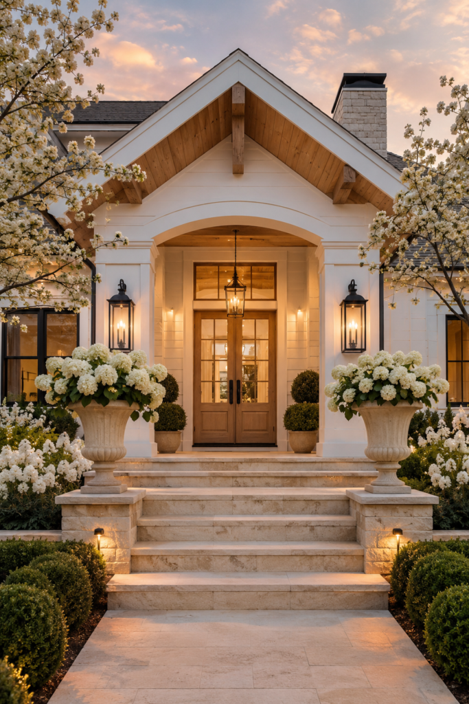 Luxury modern farmhouse front entrance with limestone steps, white hydrangeas, oversized lanterns, and elegant landscaping.