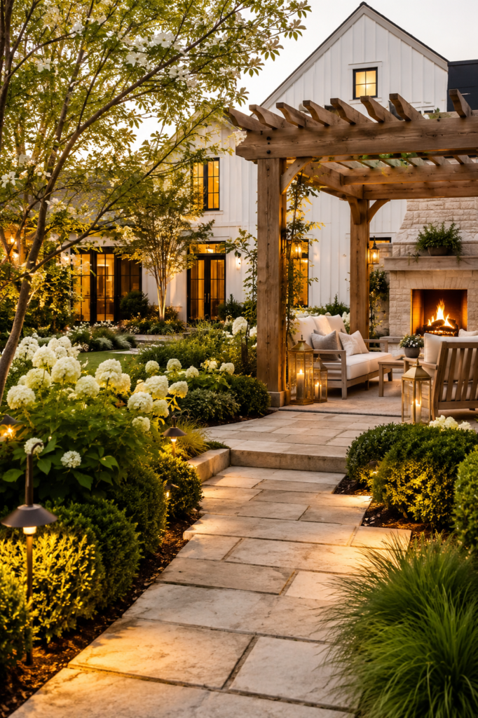 Luxury farmhouse backyard featuring connected outdoor living spaces with pergola, limestone walkways, hydrangeas, and elegant landscaping.