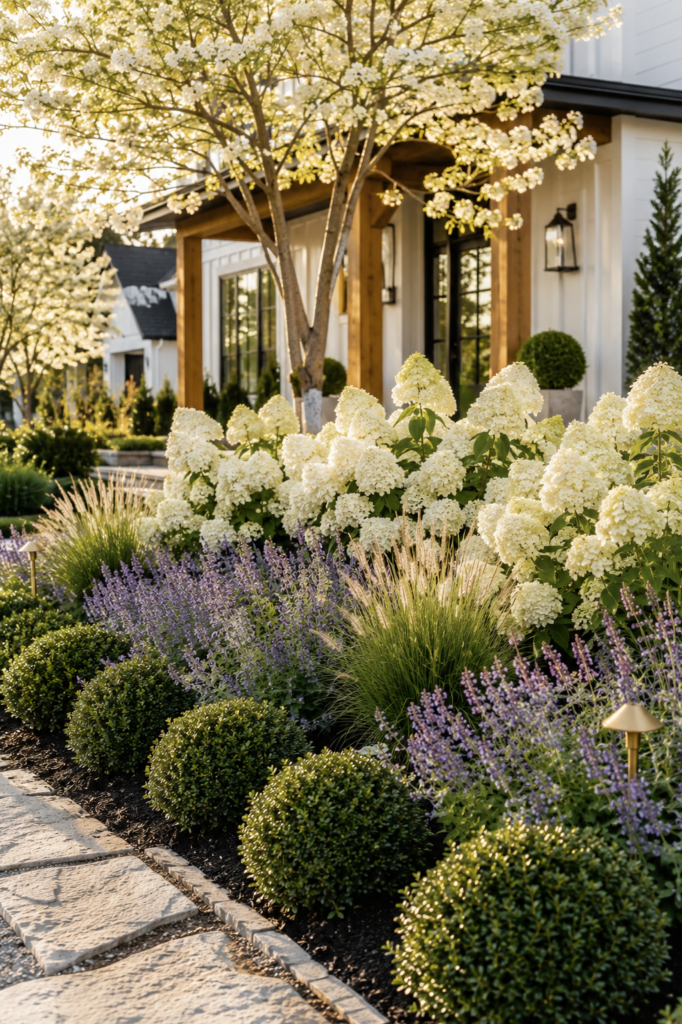 Luxury farmhouse landscape featuring layered hydrangeas, boxwoods, ornamental grasses, and flowering dogwood trees.