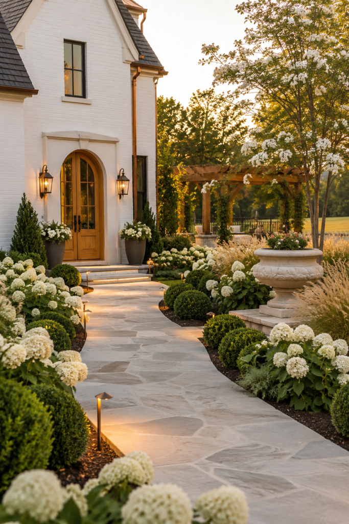 Luxury farmhouse landscape featuring repeated hydrangeas, limestone walkways, boxwoods, and flowering dogwood trees creating a cohesive design.