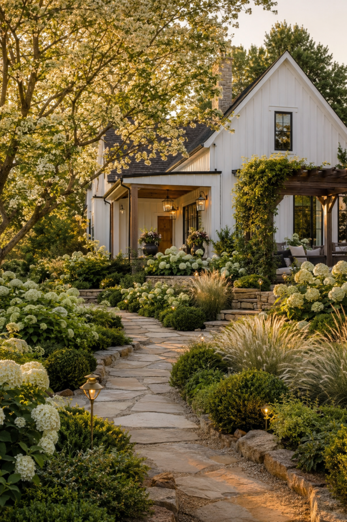Luxury farmhouse landscape with mature hydrangeas, flowering trees, limestone walkways, and timeless established garden design.