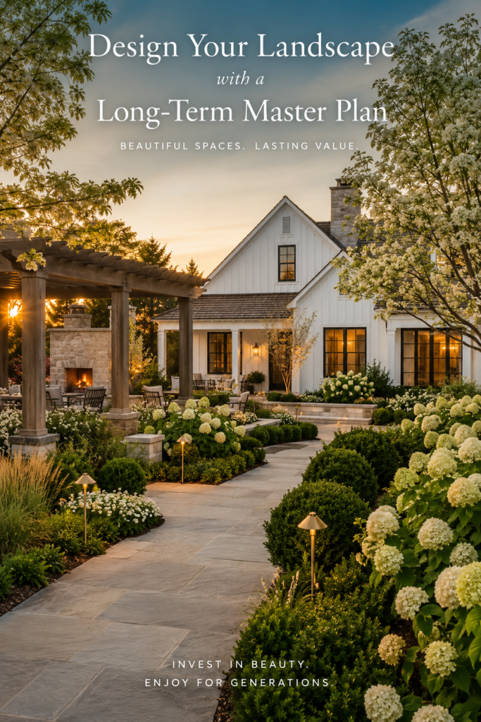 Luxury farmhouse landscape designed with a cohesive master plan featuring connected outdoor living spaces, limestone walkways, and layered gardens.