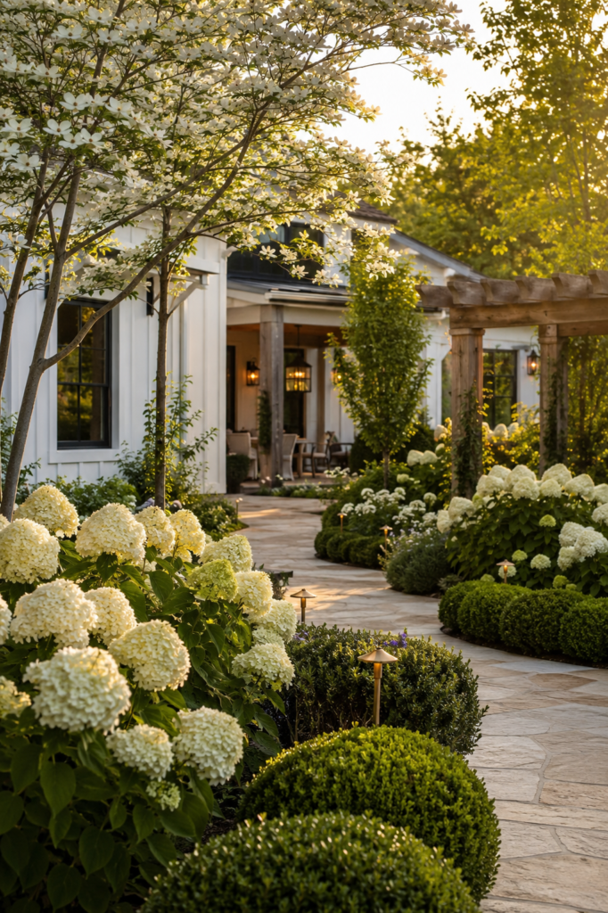 Luxury farmhouse landscape with mature hydrangeas, flowering trees, limestone walkways, and timeless gardens that become more beautiful each year.