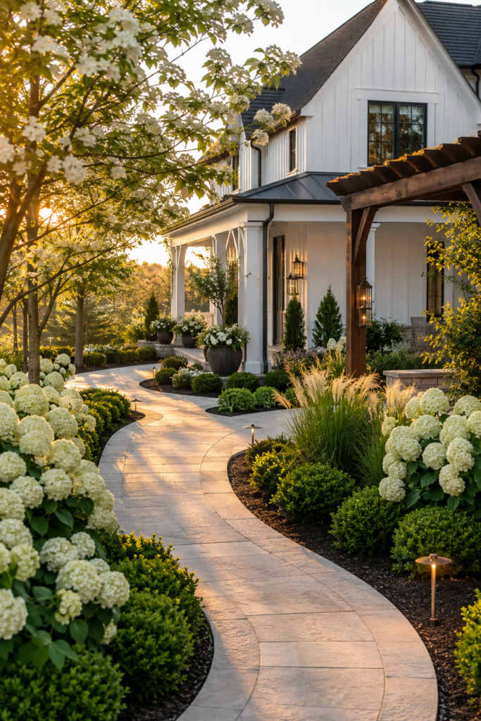 Luxury farmhouse landscape with gently curved limestone walkways and layered garden beds filled with hydrangeas and boxwoods.