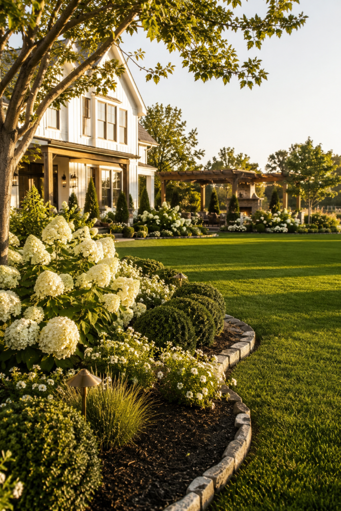 Luxury farmhouse landscape featuring a balanced design with open green lawn, layered hydrangea garden beds, flowering trees, and limestone edging.