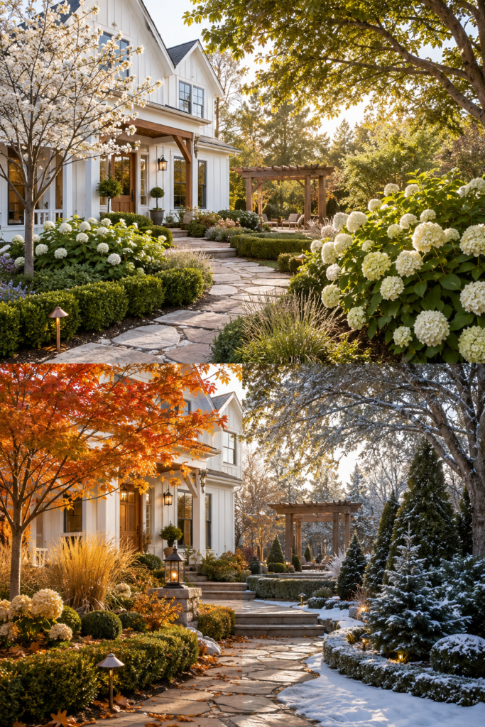 Luxury farmhouse landscape designed for four seasons of beauty with flowering trees, hydrangeas, ornamental grasses, evergreens, and limestone walkways.