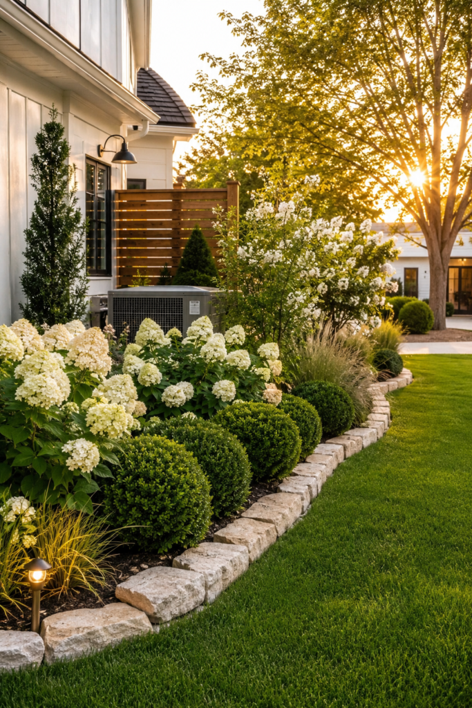 Luxury farmhouse landscape with utility areas hidden behind elegant shrubs, cedar privacy screens, and layered landscaping.