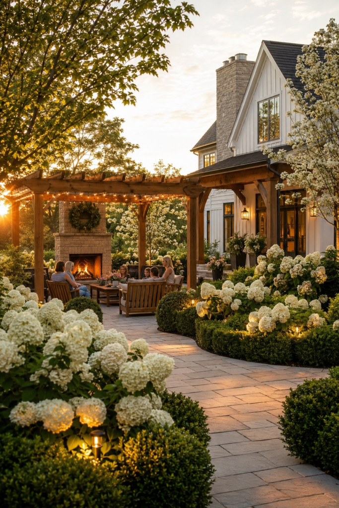 Luxury farmhouse landscaping ideas featuring layered hydrangeas, limestone walkways, boxwoods, and elegant outdoor living spaces.