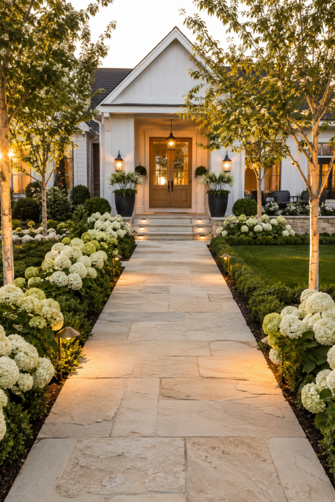 Luxury farmhouse garden path ideas featuring a wide natural limestone walkway with white hydrangeas and warm landscape lighting.