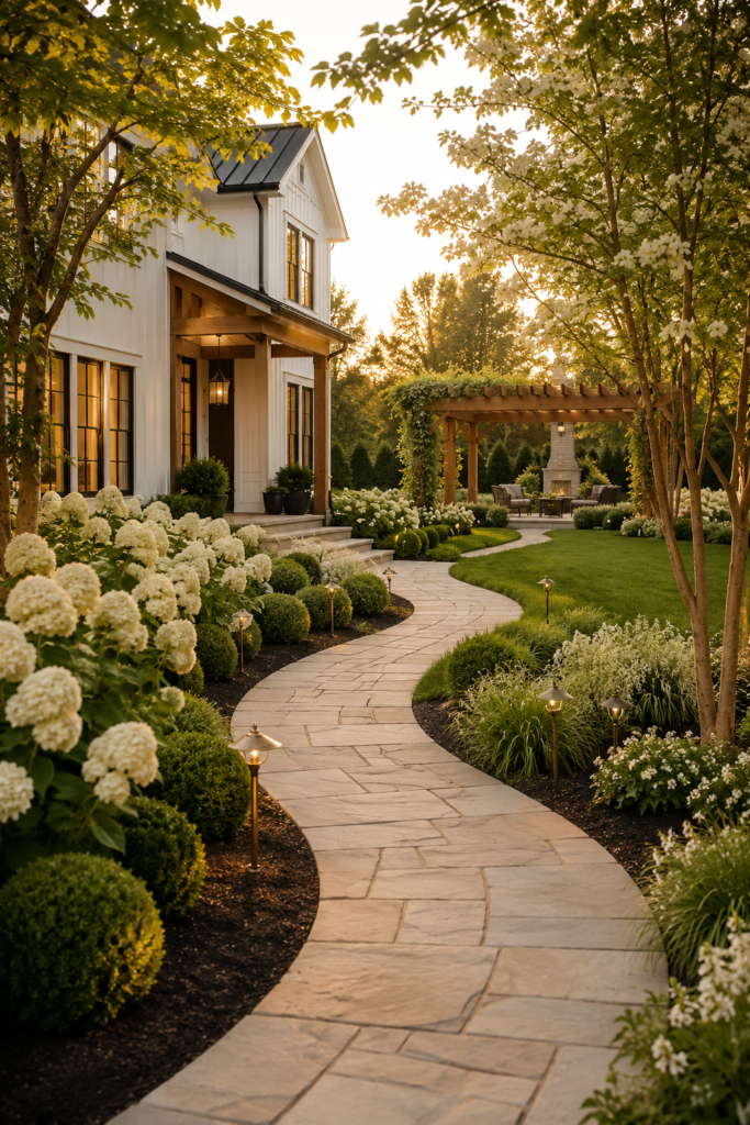 Luxury farmhouse garden path ideas featuring a gently curved limestone walkway surrounded by white hydrangeas and flowering dogwood trees.